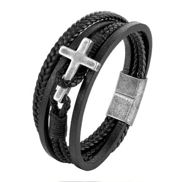 Imagem de REchoLI Pulseira de cruz masculina de couro trançado preto/marrom/azul com pingente de cruz de prata de aço inoxidável joia cristã elegante 21 cm / 8,26 polegadas, 21, Couro, Sem Pedra Preciosa