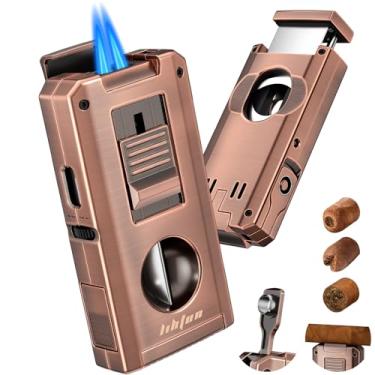 Imagem de LIHTUN Isqueiro de maçarico embutido cortador de charuto de um toque corte em V e corte reto, perfurador, suporte, tudo em 1 à prova de vento duplo isqueiro de chama de jato presentes para homens