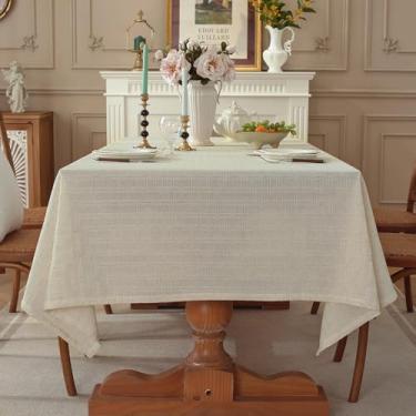 Imagem de QDTTSRY Toalha de mesa de linho natural, toalha de mesa retangular estilo fazenda, tecido jacquard texturizado, capa de mesa lavável para mesa de jantar, cozinha de fazenda (trama de grade áspera