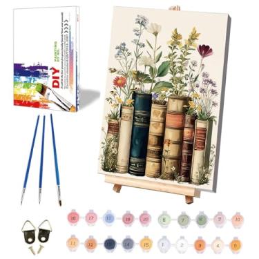 Imagem de xackcme Pintura de livros por números para adultos com tela emoldurada - com cavalete de madeira, pintura de flores por número em tela, livros faça você mesmo, kits de pintura a óleo acrílica com