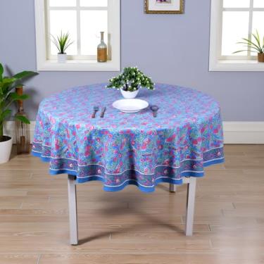 Imagem de THE Unltd India Toalha de mesa redonda azul claro de 182 cm, toalha de mesa floral 100% algodão, lavável, dia de Ação de Graças, festas de Natal, uso de casamento, decoração de outono, toalha de mesa