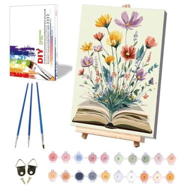 Imagem de xackcme Pintura de livros por números para adultos com tela emoldurada - com cavalete de madeira, pintura de flores por número em tela, livros faça você mesmo, kits de pintura a óleo acrílica com