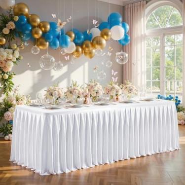 Imagem de Toalhas de mesa de cetim branco de 1,2 m para mesas retangulares – Capa de mesa de festa de elastano brilhante com saia de mesa plissada, sem rugas e brilhante, toalha de mesa de casamento de peça