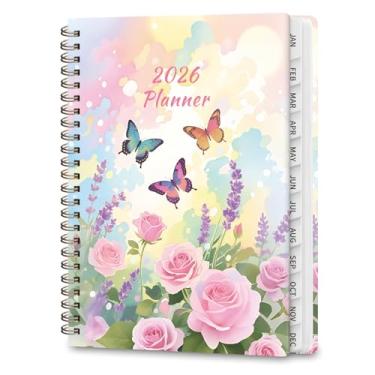 Imagem de Agenda 2026, calendário semanal e mensal, planejadores acadêmicos, janeiro de 2026 a dezembro de 2026, agenda de planejamento para material escolar de escritório, flores de borboleta