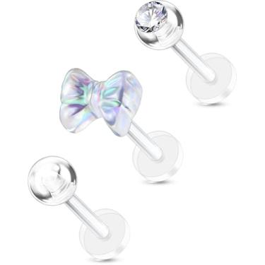 Imagem de OUFER 3 peças de joias de piercing de hélice de plástico, retentores labiais transparentes para cirurgia, lindos anéis de lábio para pata/laço/flor para mulheres, brincos de lóbulo tragus de