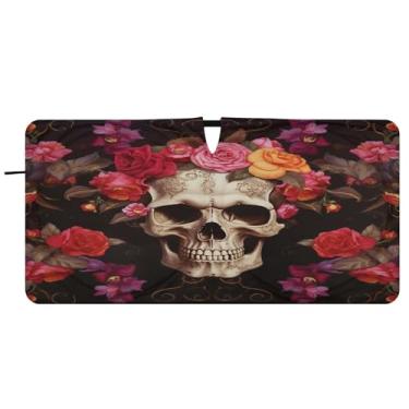 Imagem de Blueangle Para-brisa com padrão de crânio rosa - 149.9 cm x 76.2 cm dobrável carro janela dianteira para-sol blocos raios UV viseira de sol (704)
