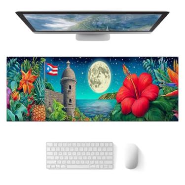 Imagem de HOMETITUTE Tapete de rato grande para jogos 31,5 x 11,8 polegadas teclado tapete de mesa diatomita XL tapete de rato para casa e escritório, acessórios de mesa com arte floral tropical litoral luar