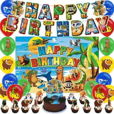 Imagem de Conjunto de decorações de festa de aniversário italiano Brainrot com faixa de feliz aniversário, balões, topos de cupcake, tema animal de desenho animado (conjunto de decorações + banner de pano de