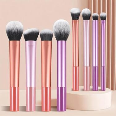 Imagem de 8 pincéis de maquiagem rosa, pincéis de rosto e olhos sintéticos macios, kit de ferramentas cosméticas para base, blush e sombra para maquiagem iniciante ou profissional