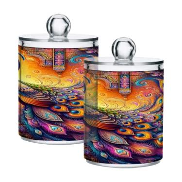 Imagem de Qilmy Qtip Suporte de boticário de 400 ml, Peacock Hindu Elegance Frasco de armazenamento de boticário de plástico transparente com tampa, dispensador de recipiente de banheiro para bola de algodão