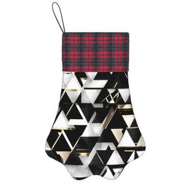 Imagem de SKKNT Meias de Natal modernas com estampa de triângulo em ouro preto e branco, animais de estimação, decoração de Natal, cães, gatos, árvores, doces, presente, conveniente