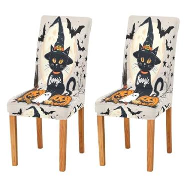 Imagem de Qilmy Conjunto de 2 capas elásticas para cadeira de jantar Halloween Boo, laváveis e removíveis, para sala de jantar, cozinha, hotel, banquete, festa, protetores de cadeira