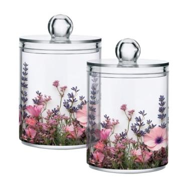 Imagem de Qilmy Qtip Suporte de boticário de plástico transparente de 400 ml, flores silvestres rosa com tampa, dispensador de recipiente de banheiro para bola de algodão, cotonete, fio dental, pacote com 2