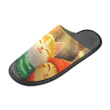 Imagem de ODAWA Pantufa feminina outono cachorro casa floresta chinelos masculinos inverno casa sapatos internos e externos, Luzes de neve Joyful Cats, 4-5