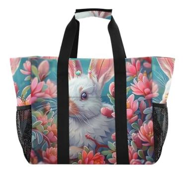 Imagem de ODAWA Bolsa de mercearia lavável à prova d'água à prova de areia para homens, coelho branco, flores rosa, bolsa lavável com bolsos, Flores rosa coelho branco, One Size