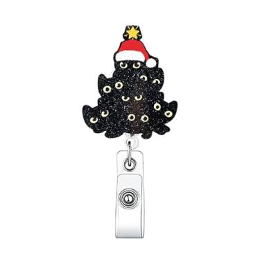 Imagem de Carretel retrátil para crachá de árvore de Natal, gato preto, clipe para crachá de inverno, suporte de crachá retrátil de Natal para enfermeira, médico, professor, estudante, trabalhador, artigos de
