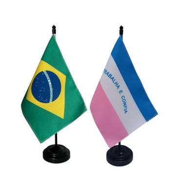 Imagem de Kit Bandeira de Mesa Brasil e Espírito Santo, Decorativa, Dupla Face, Multicolorido, 19x13cm, Base Preta, Escritório e Eventos, Oxford, 26cm Altura
