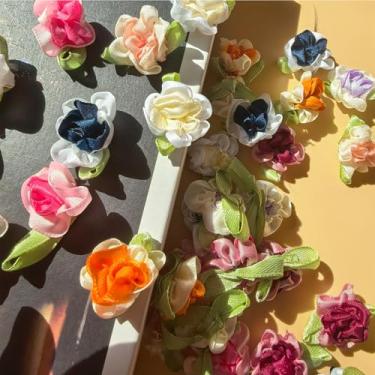 Imagem de 50 peças fitas de cetim rosas tecido flores para costurar flores multicoloridas enfeites fita flores laços cravo apliques costura artesanato (C)