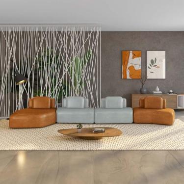 Imagem de Sofá Ilha Sala de Estar Dakota 4 Módulos 626cm Encostos Almofadas Soltas PU Caramelo/Cinza G33 - Gran Belo