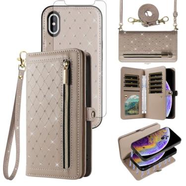 Imagem de Capa de telefone para iPhone Xs X 10 10s carteira com zíper destacável capa celular com protetor de tela alça transversal alça flip glitter crédito iPhoneX iPhoneXs iPhone10 i PhoneX SX 10x 10xs X's