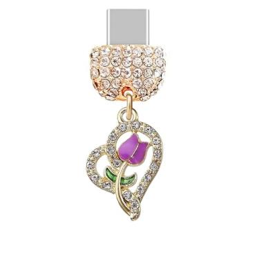Imagem de ELISE & FONDA TP1011 Tipo-C porta de carregamento cristal plugue antipoeira pequeno coração amor com pingente de celular rosa para iPhone 15/16/Samsung/OnePlus/Xiaomi/oppo telefones Android (Roxo)