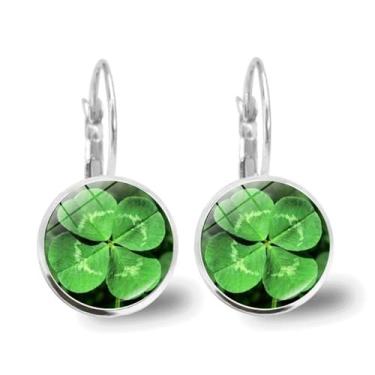 Imagem de Brinco feminino de trevo de quatro folhas para o dia de São Patrício, simples, gota da sorte, delicado, pequeno, pingente de argola, trevo irlandês, trevo verde, flores, acessórios para festivais