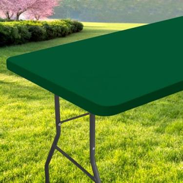 Imagem de Spotjoy Toalha de mesa retangular, toalha de mesa elástica impermeável para mesas dobráveis de 1,2 m, toalhas de mesa de poliéster laváveis para piquenique, acampamento, ao ar livre (verde esmeralda
