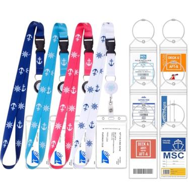 Imagem de 4 cordões retráteis com 6 suportes de etiqueta de bagagem, etiqueta de bagagem transparente e cordão com suporte para cartão de navio para Carnaval, NCL, MSC, Princess 2025-2026, Cruise Ship