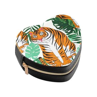 Imagem de Burbuja Tigres Caixa de joias em forma de coração com folhas tropicais mini estojo de joias de viagem para mulheres e meninas, estojo portátil organizador de armazenamento para brincos, anéis, colares