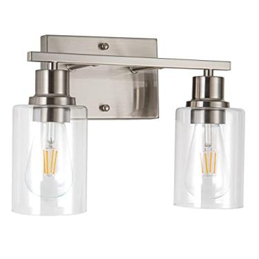Imagem de FILIMITIY Luminária de banheiro com 2 luzes, luminária de níquel escovado com sombra de vidro transparente, arandela de parede moderna para espelho banheiro quarto corredor fazenda cozinha