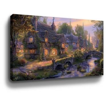 Imagem de Pintura vintage paralelepípedos arte de parede noturna paisagem emoldurada arte em tela para sala de estar, quarto, escritório