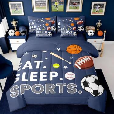 Imagem de Erosebridal Conjunto de edredom infantil Queen com lençol de 7 peças, basquete, beisebol, futebol, esportes, com bola, para homens, adultos, azul marinho, jogo de cama