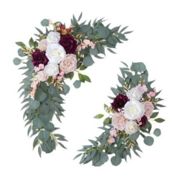 Imagem de oshhni 2x Arranjo Floral Artificial de Flores de Seda com Folhas Verdes Rústicas para Decoração de Arco de Casamento e Casa, Vermelho Branco