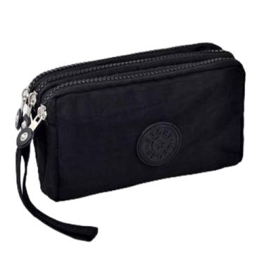 Imagem de Carteira feminina multifuncional grande horizontal, bolsa impermeável com zíper de 3 camadas para acessórios para uso diário, Preto, Lazer