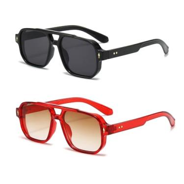 Imagem de OZPYKAE Óculos de sol masculinos quadrados, retrô, proteção UV400, ponte dupla, moderno, retangular, aviador, óculos de sol, Preto + vermelho, tamanho �nico