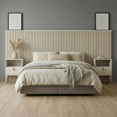 Imagem de Cabeceira Ripada Casal Queen E Mesa Retrô Off White