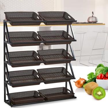 Imagem de Rack de exibição de vegetais e lanches de supermercado de 5 níveis, organizador comercial para varejo, loja de conveniência e cozinha, inclui cestas de 5/10 para armazenamento e visibilidade ideais