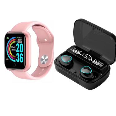 Imagem de Kit Smartwatch D20 Rosa + Fone Ouvido Bluetooth M10 Touch LED com Power Bank Academia