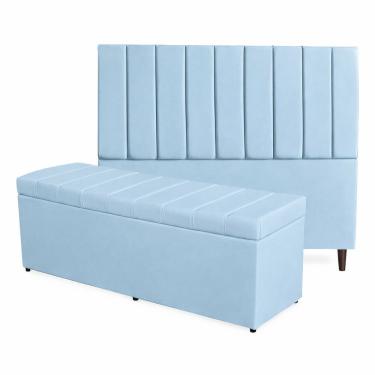 Imagem de Kit De Quarto Roma Cabeceira De Cama Box E Calçadeira Baú Casal 140 Cm Suede Azul Bebê Eli Móveis E Decoração