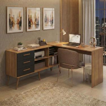 Imagem de Mesa De Escritório Em L Com 3 Gavetas Porto Multimóveis Mp6044 Madeirado/preto