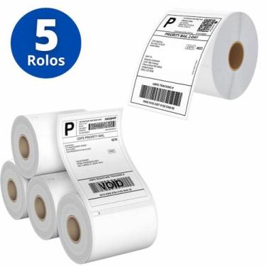 Imagem de Kit 5 Rolos Etiquetas Térmicas Serrilhadas Adesiva Papel Branco Zebra 