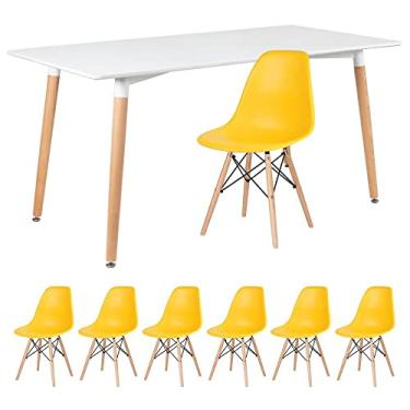Imagem de Loft7, Kit - Mesa de jantar retangular Eames 80 x 160 cm branco + 6 cadeiras Eiffel Dsw Amarelo