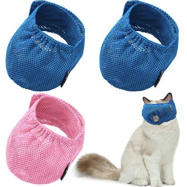 Imagem de Weewooday Focinheiras de gato de malha respirável com 3 peças, bolsas de retenção de cuidados com gatos com focinheira anti-mordida anti-miau para evitar mordidas de gatos (azul, rosa)
