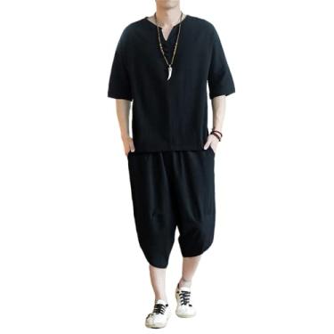 Imagem de Tampos de roupas em estilo chinês masculino, camisetas de mangas curtas, fundo, calças cortadas, algodão solto e respirável e roupas de linho,Black,M