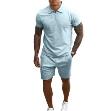 Imagem de Verão simples de algodão traje de algodão masculino short short short de mangas curtas,Light blue,L