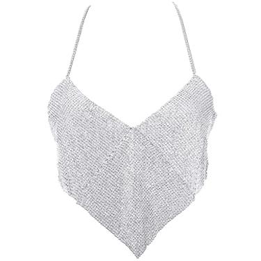 Imagem de Acenail Corrente sexy para o corpo de prata, top cropped de lantejoulas, frente única, sutiã, corrente de cristal, boho, joia corporal para mulheres e meninas