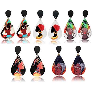 Imagem de Brincos YZstyle com 5 pares de pingentes africanos, argola grande pintada colorida, brincos pendentes leves, brincos de madeira boêmia natural Multicor