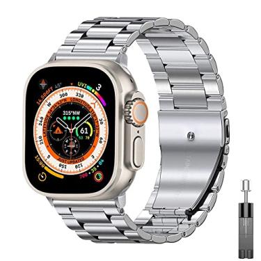 Imagem de SDUTIO para Apple Watch Ultra 49mm Pulseira de negócios de aço inoxidável para iWatch Series 8 7 41mm 45mm para Apple Watch SE 6 5 4 3 40mm 44mm 42mm 38mm (Cor: Prata, Tamanho: 44mm)