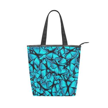 Imagem de Bolsa feminina de lona durável linda borboleta azul grande capacidade sacola de compras bolsa de ombro