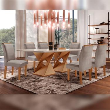 Imagem de Conjunto Sala De Jantar Genova Tampo Vidro/MDF com 6 Cadeiras Luísa Smart Plus Cel Móveis Cinamomo/Off White/Marrom Claro